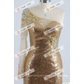 One Shoulder Long Sleeve Gold Sequins Evening Dress See Through Back High Split Evening Gown